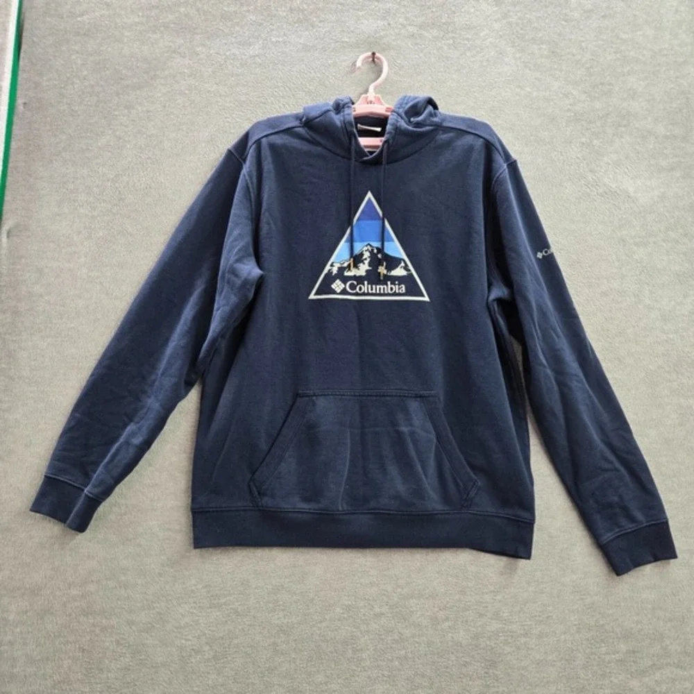 Columbia‎ Men Sweatshirt L Blue Mountain Logo Graphic Hoodie Fleece Drawstring
